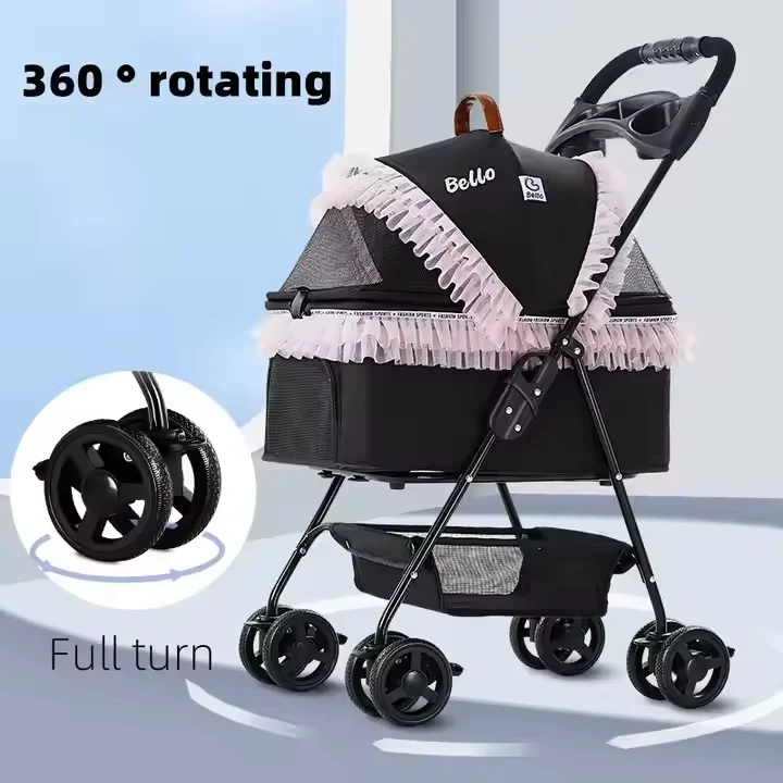 

Luxury Small Pet Stroller With 4 Wheels And Foldable Fabric Cage Features Safety Leash Large Storage Basket For Cats And Dogs