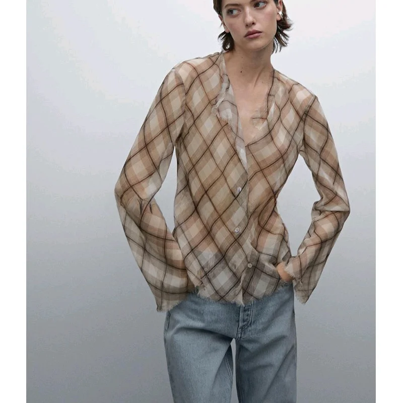 

Новое весеннее поступление, женская повседневная свободная посадка, легкая длинная рубашка Sve irt, прозрачное V Ne полиэфирное волокно