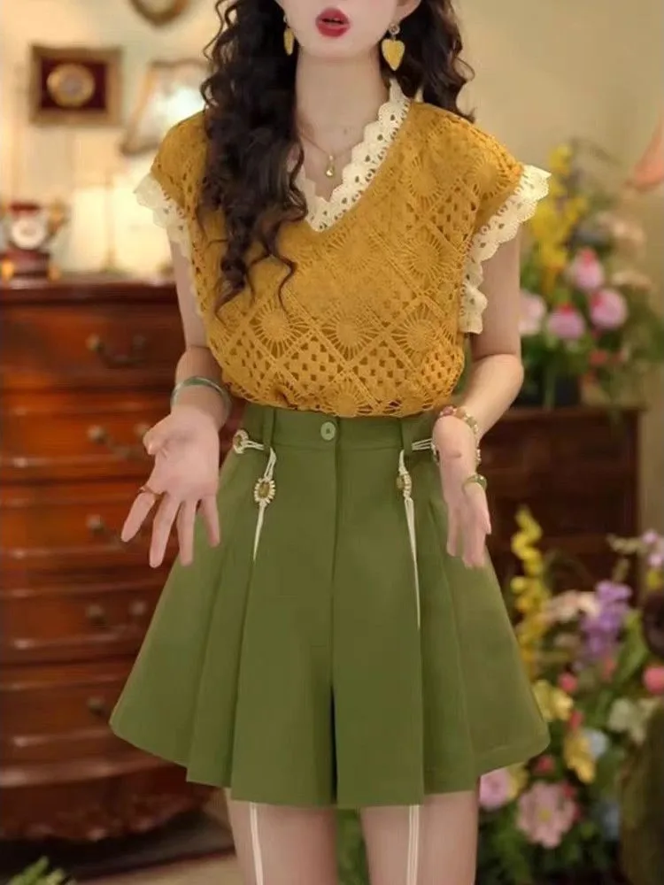 

Retro Lace Short Sleeve Top And High Waist Wide Leg Pants Set Women's Fashionable Summer Outfit Korean Style School Streetwear
