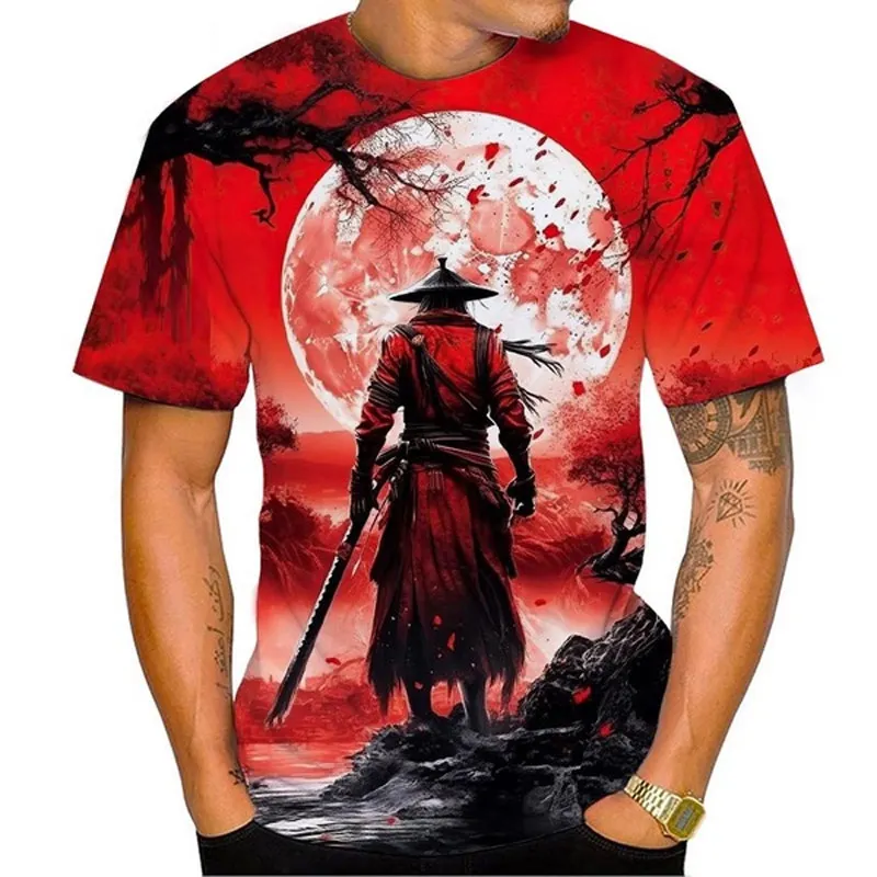 

New Street Japan Cool Warrior graphic t shirts For Men Fashion Trend Personality Oversized Round Neck Short Sleeve Printed Tees