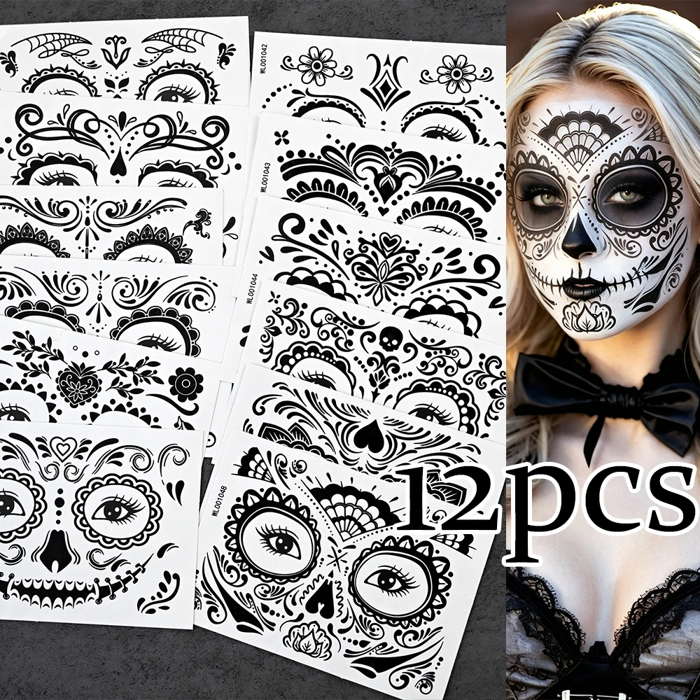 12pcs Day of The Dead Face Temporary Tattoos Sugar Skull Floral Face Tattoo Stickers Halloween Cosplay Party Face Makeup Sticker