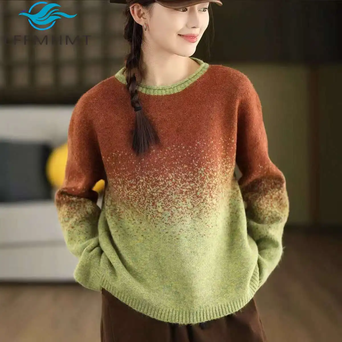 Autumn Winter Fashion Women's Literary Gradient Knit Pullover Sweater Long Sleeve Warm Cozy and Stylish Vintage Knitwear Female