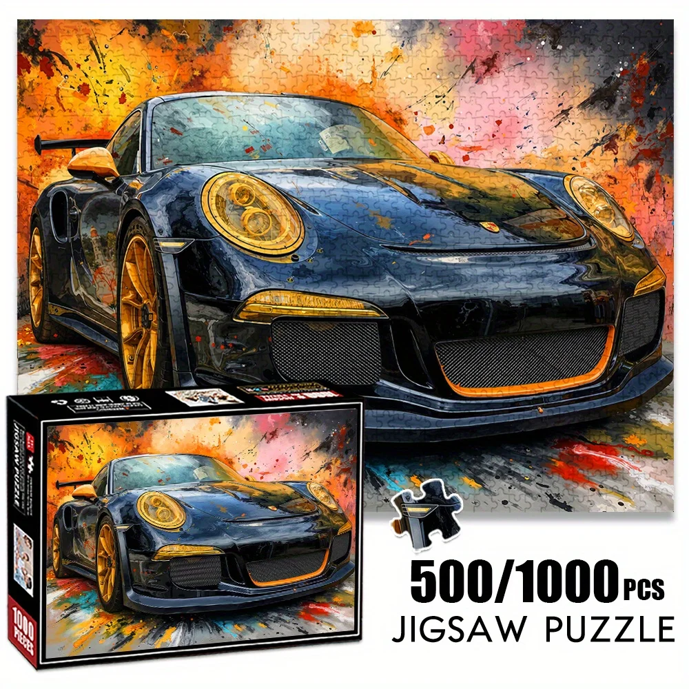 1000 Stück abstraktes Rennwagen-Puzzle – großes 500/1000 Stück Puzzle mit lebendigem Spritzwasserdesign, kratzfestes Papier, ideal für A