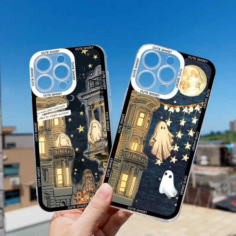 Ghost Illustration Phone Case for iPhone 14 13 12 11 Pro Max Case Coque for iPhone XR X XS Mini 7 8 Plus Clear Shockproof Cover