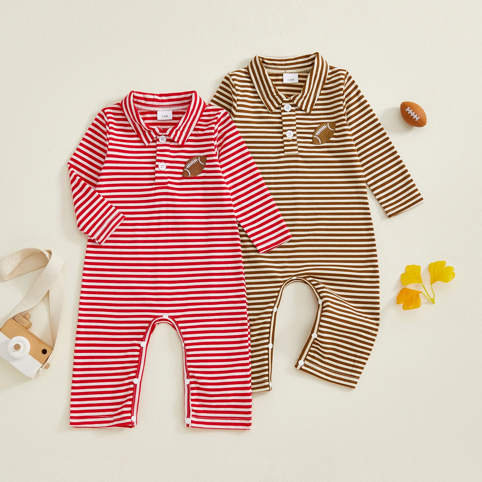

Lioraitiin Baby Boy Girl Football Romper Striped Rugby Embroidered Collared Long Sleeve Jumpsuit Cute Fall Clothes