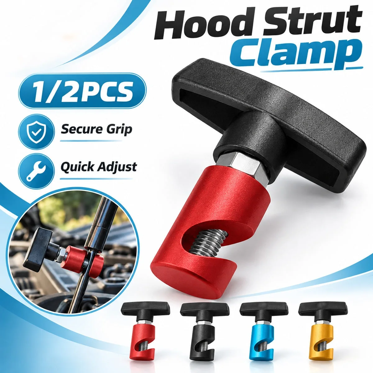 1/2PCS Hood Strut Clamp Aluminum Alloy Secure Grip Quick Adjust Red Black Blue Yellow Adjustable Holder For Car Hoods