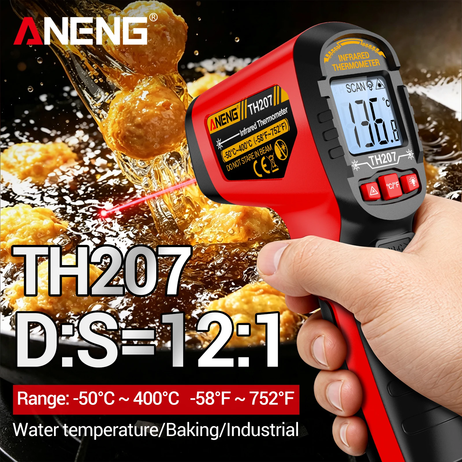Infrared Thermometer ANENG TH207 Digital Laser Thermometer Non Contact Laser Thermometer Industrial Tool Laser Surface Temp Read