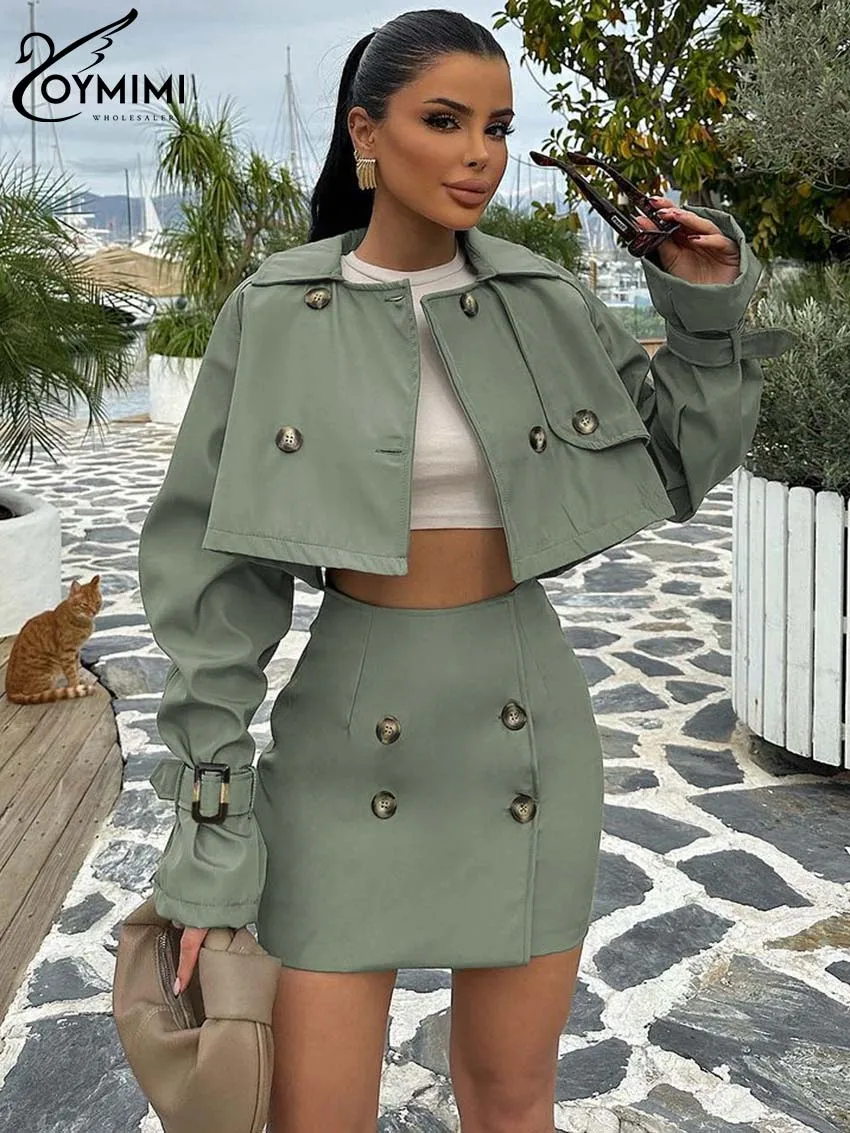 Oymimi Elegant Green 2 Peice Set Woman Fashion Lapel Long Sleeve Double Breasted Crop Tops And High Waist Button Slim Skirts Set