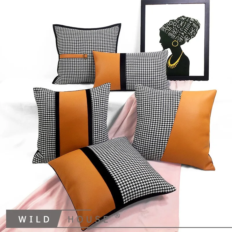 Orange Leather Splicing Pillow Black White Checkered Sofa Cushion Model Room Decoration Waist Backrest Pillow