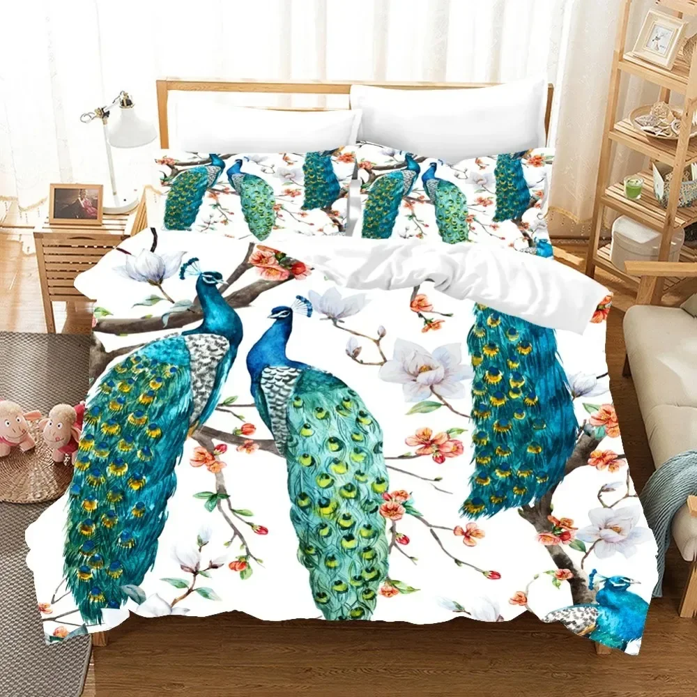 3D Print Peacock-Cat Owl Koala Nature Cute Animal Comforter Bedding Set Queen Twin Single Duvet Cover Set Pillowcase Home Luxury