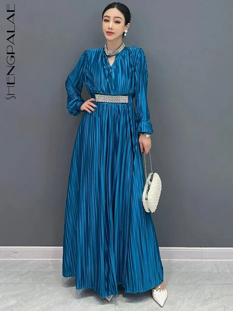 

Женское длинное платье с V-образным вырезом SHENGPALAE, разноцветное свободное элегантное платье с длинным рукавом и складками, лето 2024