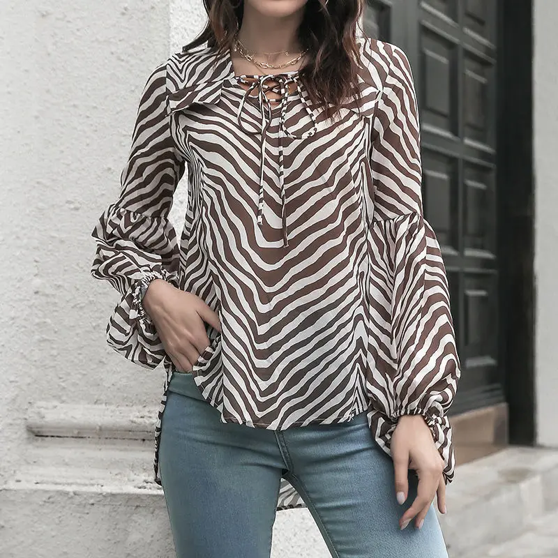 Zebra Patterned Lantern Sleeve Sun Protection Shirt For Women\'S Spring New Design, Printed Casual Temperament Shirt