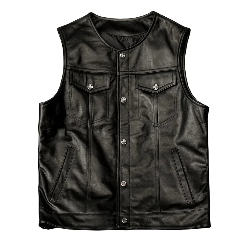 Classical Motorcycle Biker Leather Vest Spring Genuine Sleeveless Jackets 100% REAL Cowhide Punk Gilet