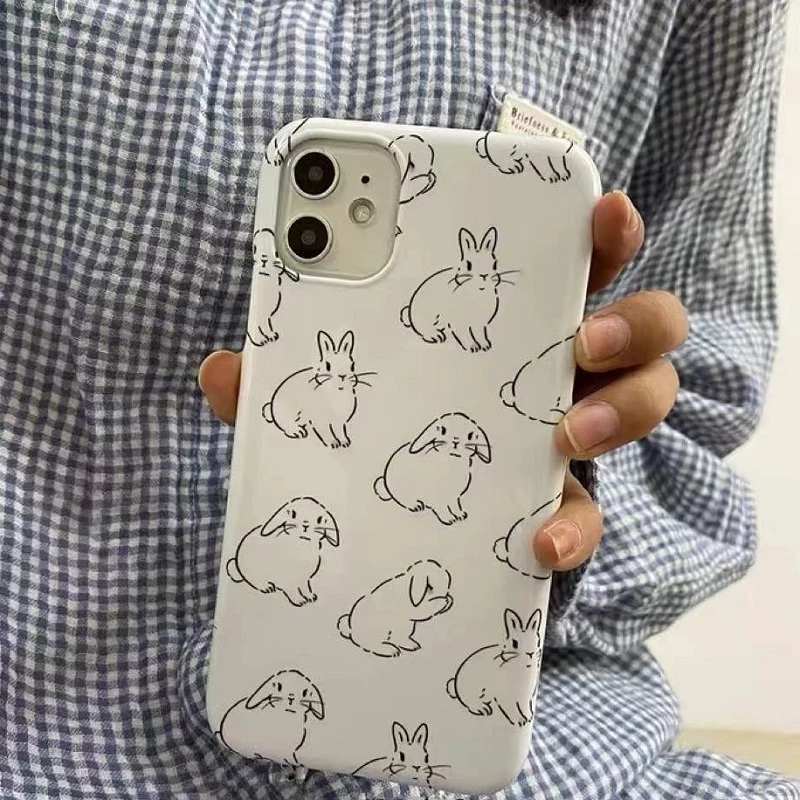 Cute Rabbit Phone Case for iPhone 16 15 14 13 12 11 Pro Max XS XR XSMax 6 7 8 Plus Cartoon Animal Glossy HD Hard PC Cover