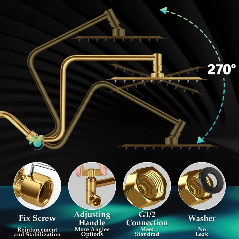 Rain Shower Extension Arm, Upgrade 12 Inch Metal Shower Extend Arm, Height/Angle Adjustable Curved Showerhead Extender with