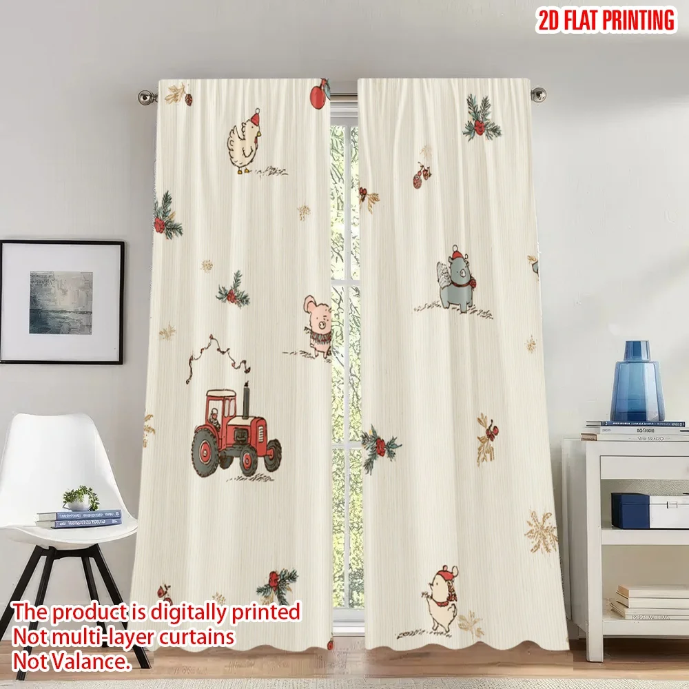 2 قطعة 2D الطباعة المسطحة شعبية عيد الميلاد الستائر لطيف الحيوانات جرار زراعي عيد الميلاد الرقمية المطبوعة البوليستر الستائر الطرف #1
