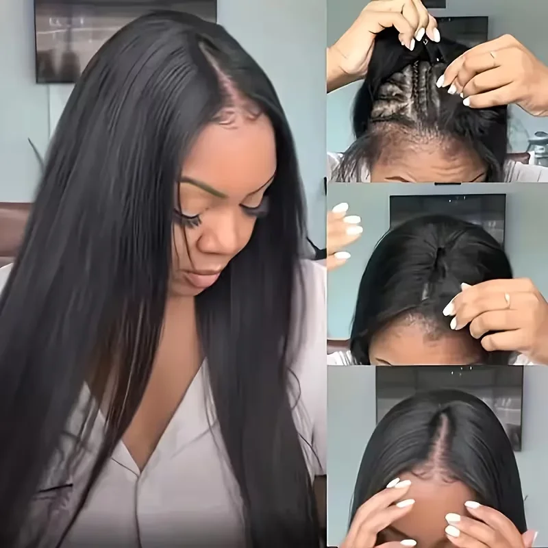 

V-образные парики из 100% прямых бразильских человеческих волос, без пришивания, без клея, плотность 220%, для чернокожих женщин, подходит для начинающих