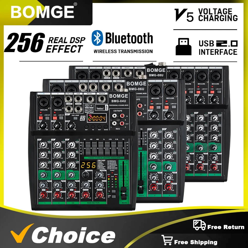 

BOMGE New Model of Compact Mixer, 256 DSP, with 7 band EQ Master EQ, Full Metal Chassis Design, Can Work with 4, 6, 8 Channel.