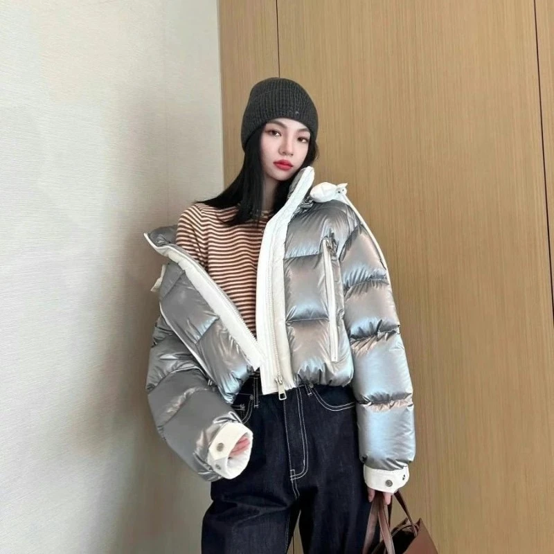 

Трехзащитная глянцевая пуховая куртка на хлопковой подкладке, серебряная новая короткая модная утолщенная хлопковая стеганая куртка без стирки, короткое пальто для людей
