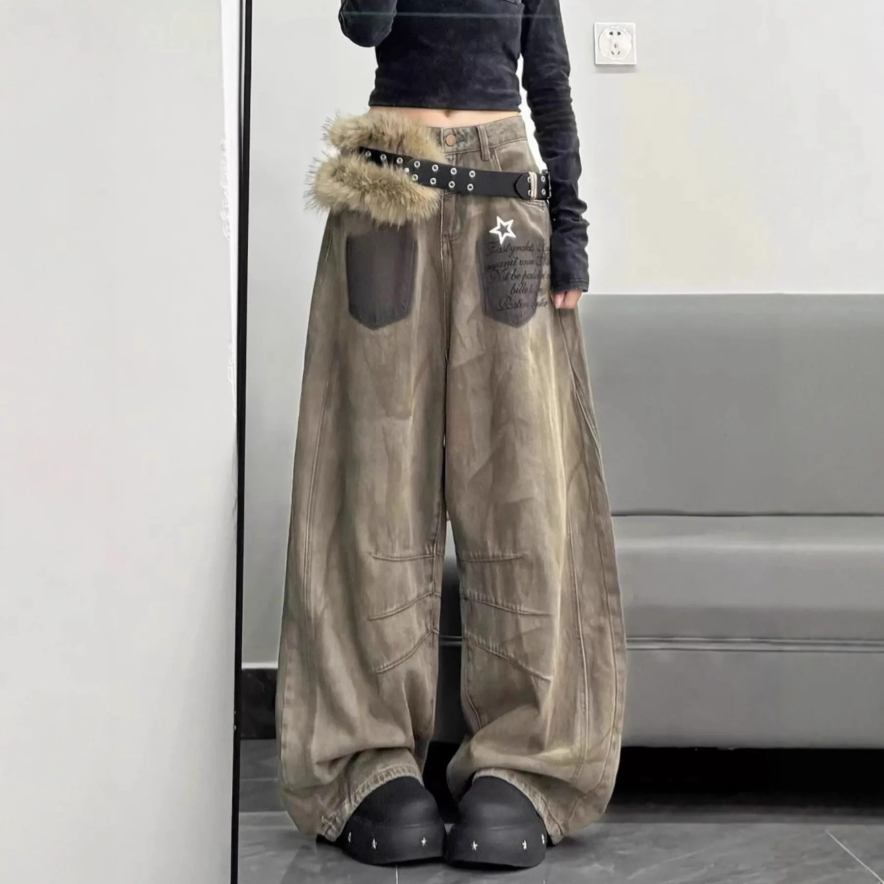 

Women's Post Apocalyptic Dirty Wash Wide Leg Jeans 2026 New Spring Design Loose Curved Floor Length Pants