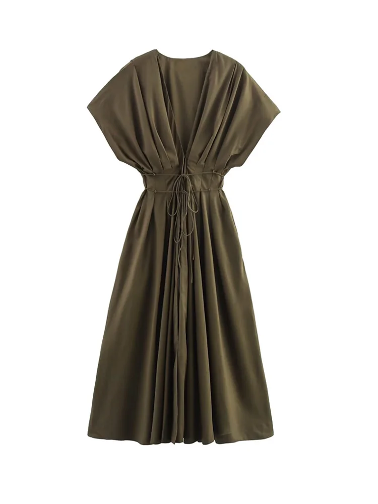 Frauen V-ausschnitt Midi Kleid mit Gürtel Vorne Dart Kurzarm Mode Weibliche Kleider Vestidos Mujer