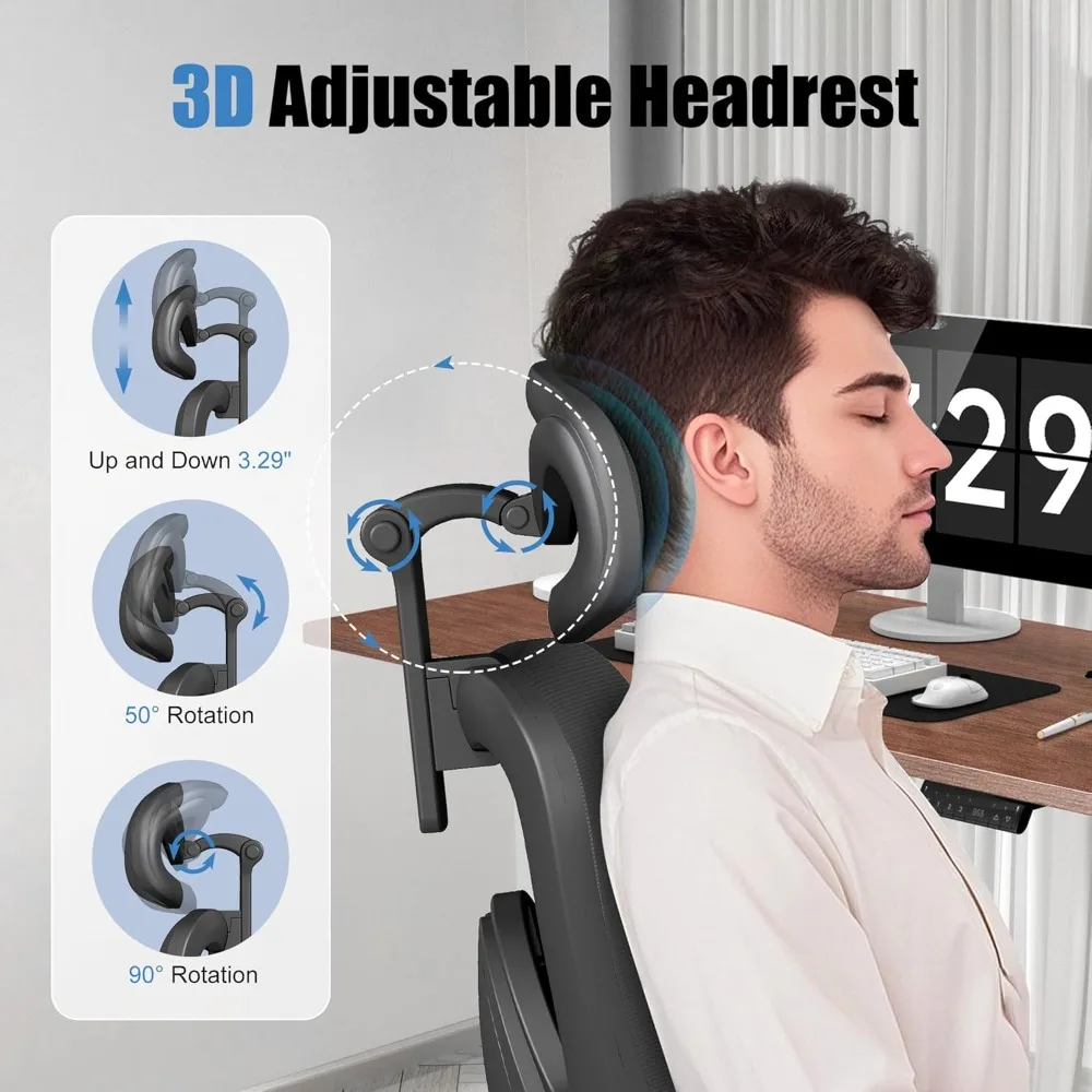 كرسي مكتب مريح مع دعم قطني قابل للتعديل، أذرع ومسند للرأس ثلاثي الأبعاد، كرسي كمبيوتر مكتبي عريض عالي الظهر مع عجلات