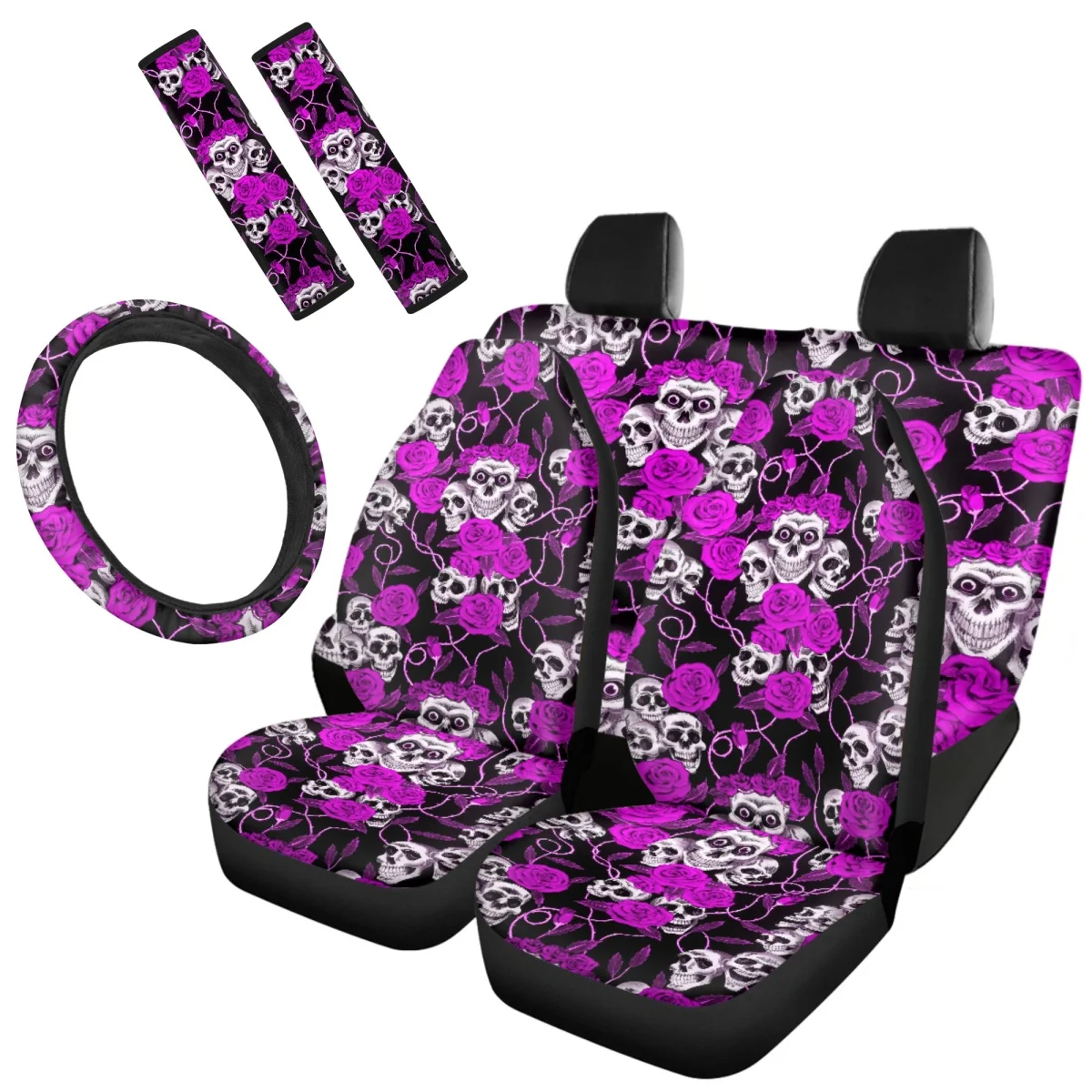 Automotive Seatbelt Covers High Quality Steering Wheel 7Pcs Car Accessories Full Set Comfortable Halloween Skull Rose Pattern