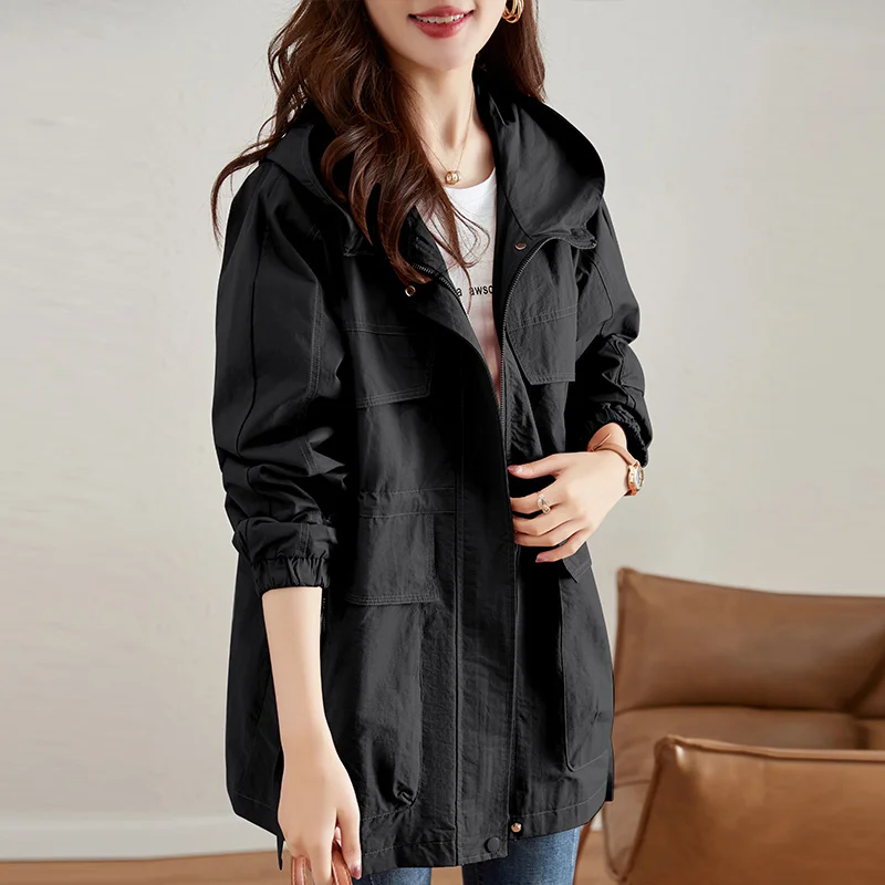 Trench coreano con cappuccio per donna 2024 primavera autunno capispalla femminile medio-lungo Casual con coulisse in vita giacca a vento