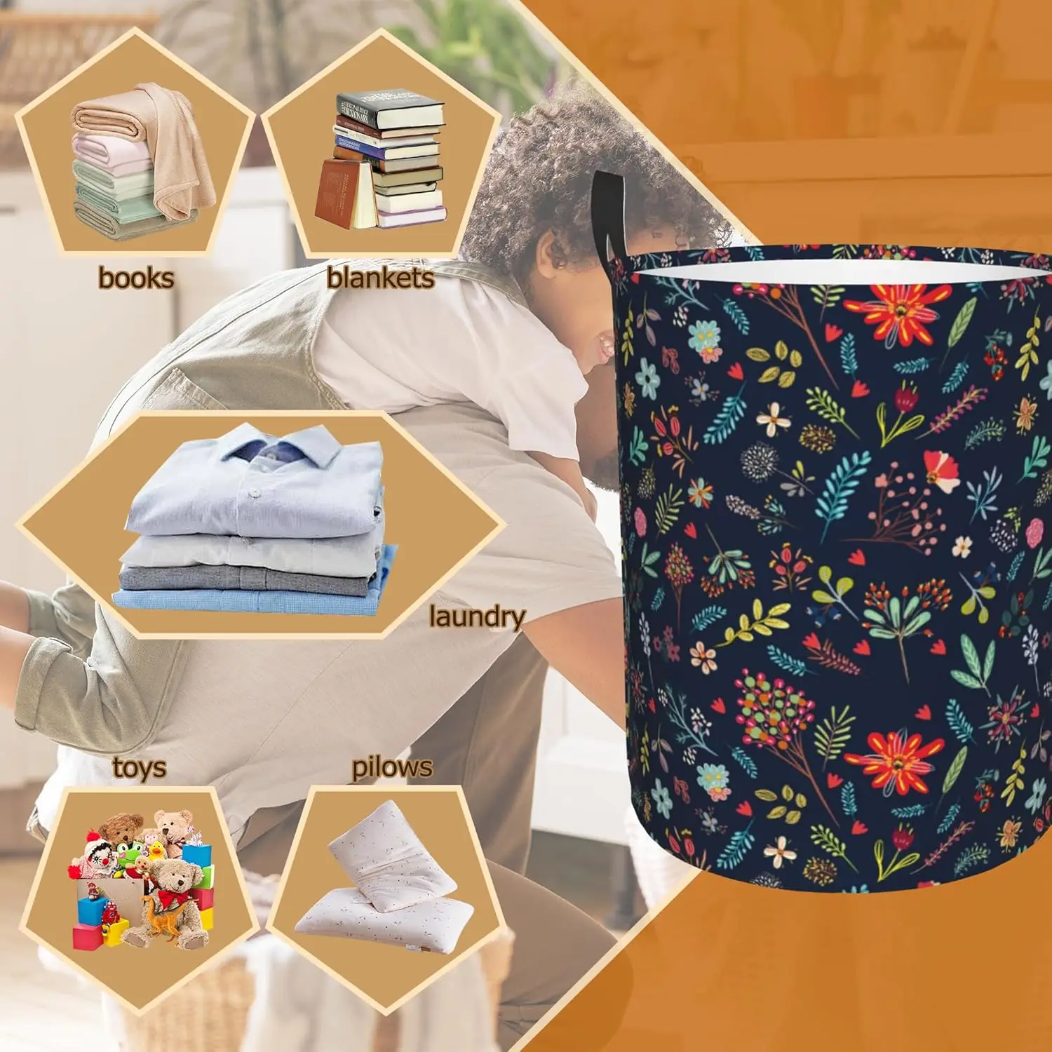 Wildflowers Laundry Basket Foldable Waterproof Oxford Cloth With Handles Colorful Spring Flowers Laundry Hamper Clothes Storage