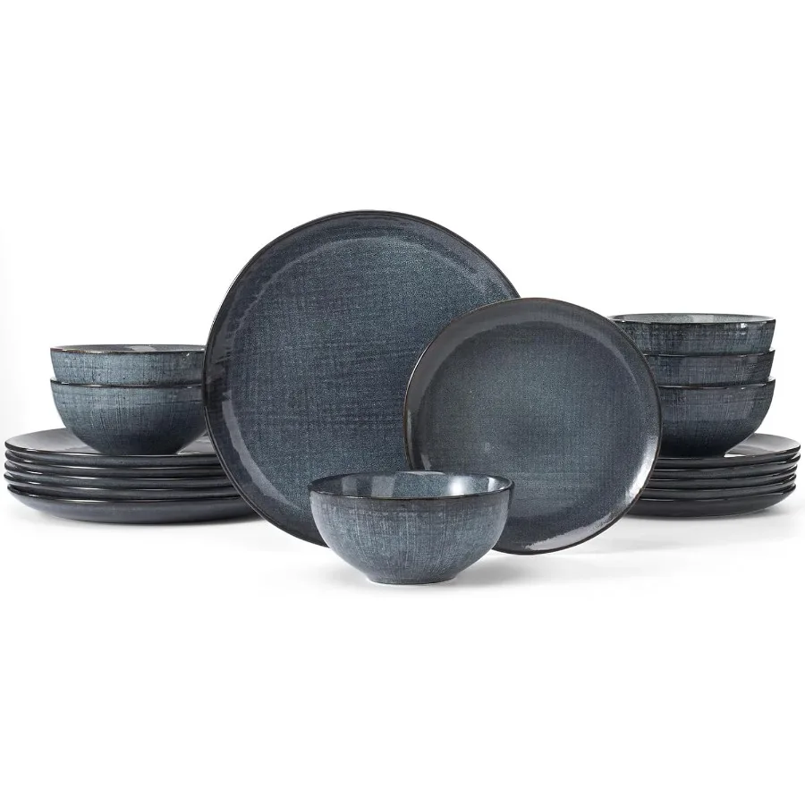 

Moonlight Plates and Bowls Sets 18 Pieces Stoneware Dinnerware Sets with Linen Finish Handmade Dishware set for 6 Microwave and
