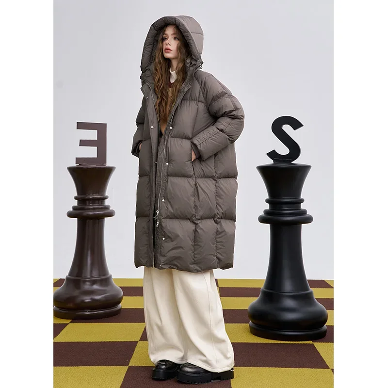 ELFSACK Casual Loose Long Hooded High Neck Down Jacket For Woman
