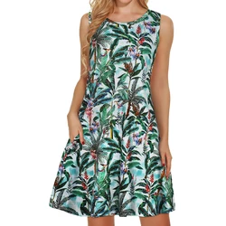 Summer Women's skirt Tropical flower print casual fashion sleeveless vest with loose skirt with pockets. Elegant evening dress