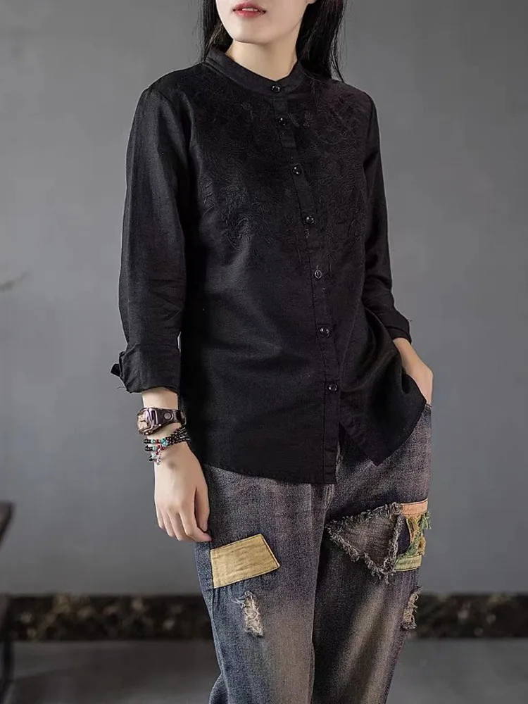 Retro Embroidered Cotton Linen Shirt Women's Autumn Linen Stand Collar Single Button up Top Brand New Good Quality