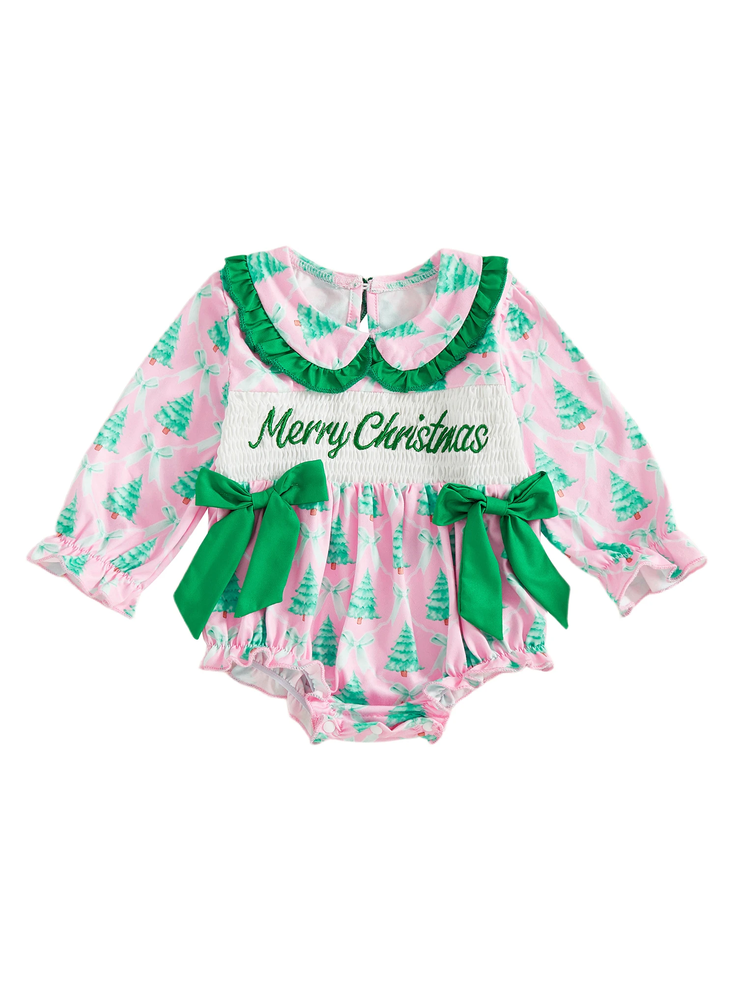 رومبير للفتيات الصغيرات لعيد الميلاد مع طباعة شجرة القوس وتطريز الحروف يتميز بياقة الدمية وبدلة بأكمام طويلة