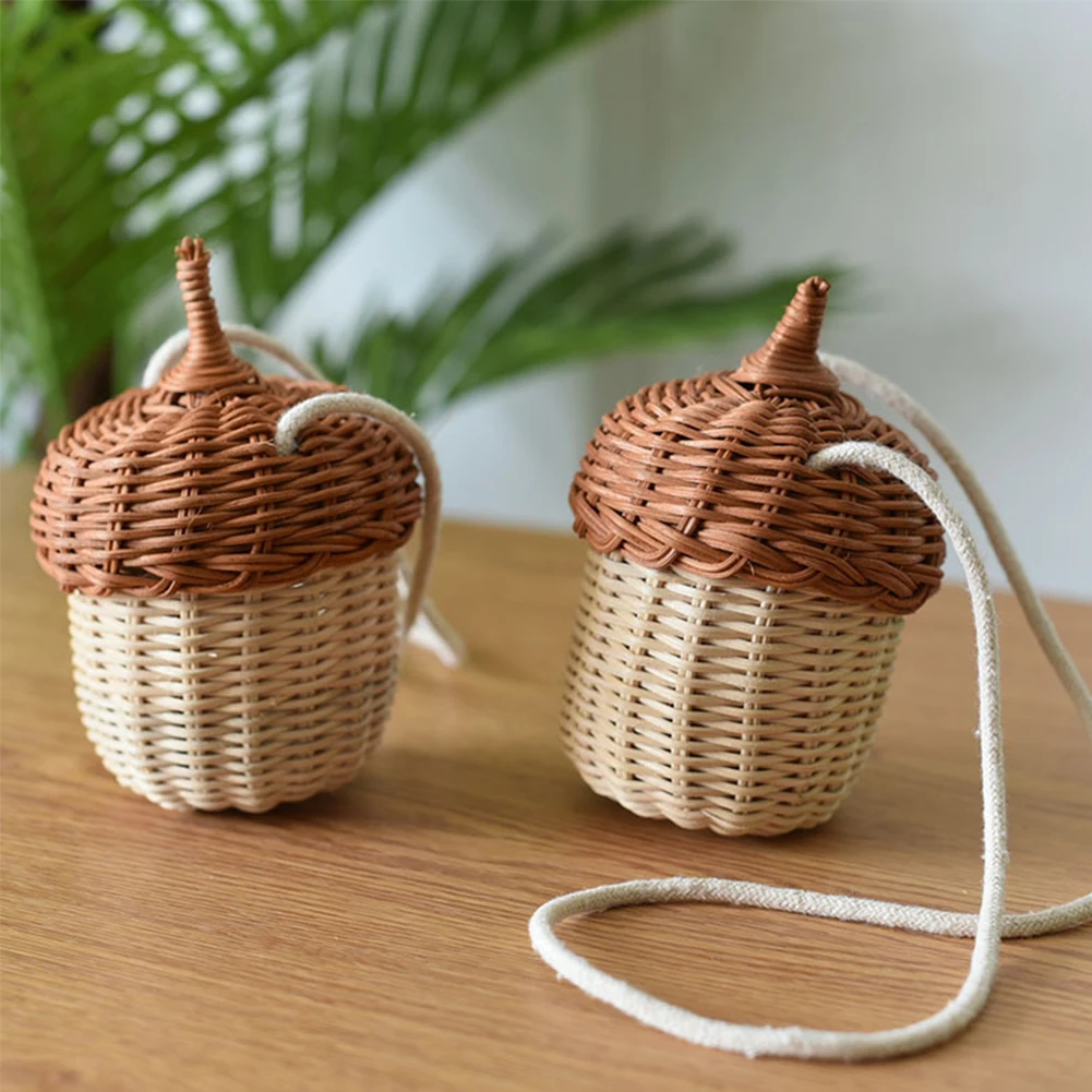 New Handwoven Round Rattan Bag Bucket Tropical Beach Style Woven Shoulder Rattan Bag Photo Props Mini Women Kids Beach Straw Bag