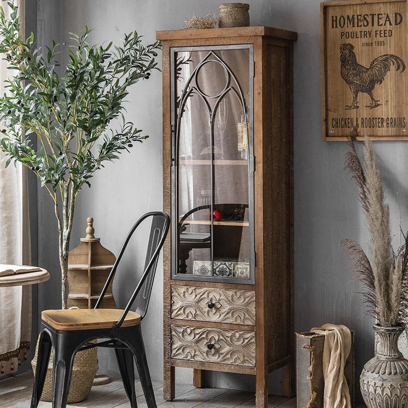 

French side cabinet old solid wood bantam cabinet wine cabinet wrought iron carved glass door locker living room wall cupboard