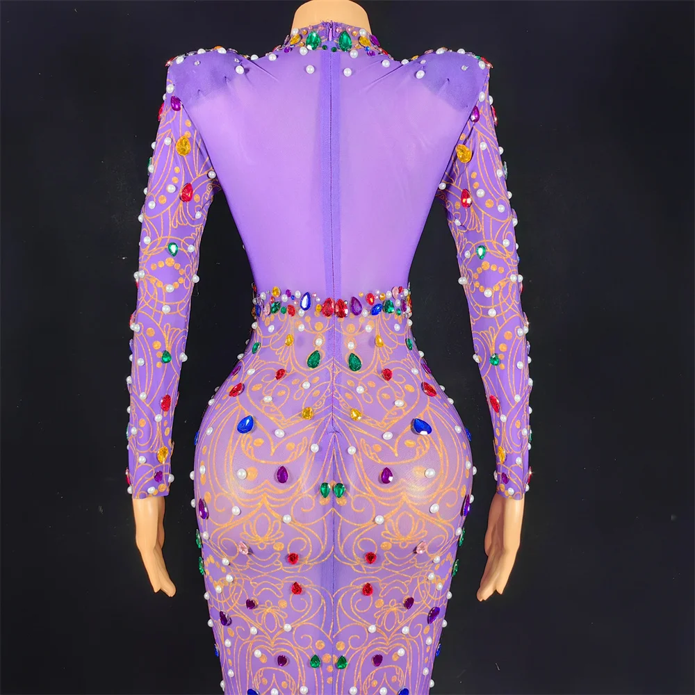 보라색 바닥 길이 드레스 라인스톤 파티 드레스 여성용 럭셔리 우아한 이브닝 드레스 글리터 댄스홀 여왕 의상 yj177