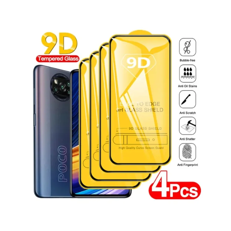 4 Uds 9D pegamento completo vidrio templado para Xiaomi Poco X3 X4 F3 F4 M3 M4 Pro 5G NFC GT Protector de pantalla Redmi 9A 9C Note 11 Pro 5G 11S