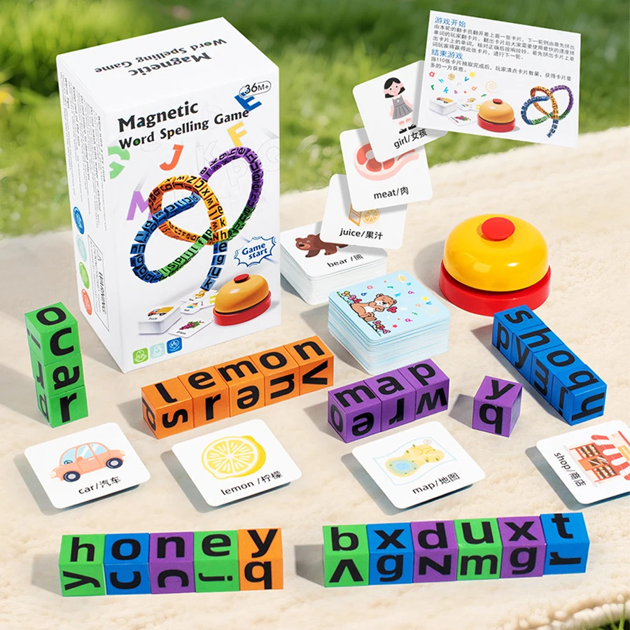 Kids Magnetic Word Spelling Game Alphabet Letter Blocks Matching Puzzle with Bell Family Interactive Preschool Educational Learn