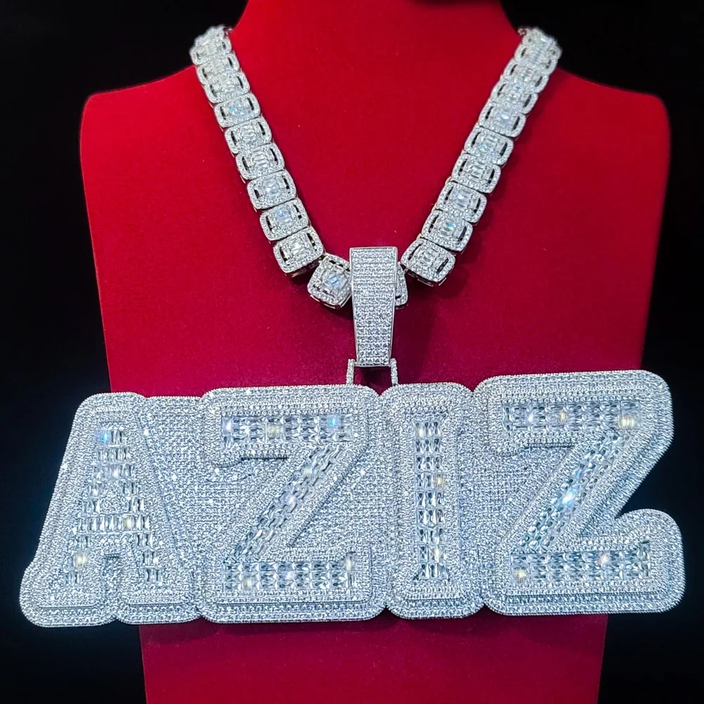 Iced Out Big Baguettecz Tennis Chain Hip Hop Necklace Custom Letter Pendant Whole Piece Solid Back Nameplate Mother's Day Gifts