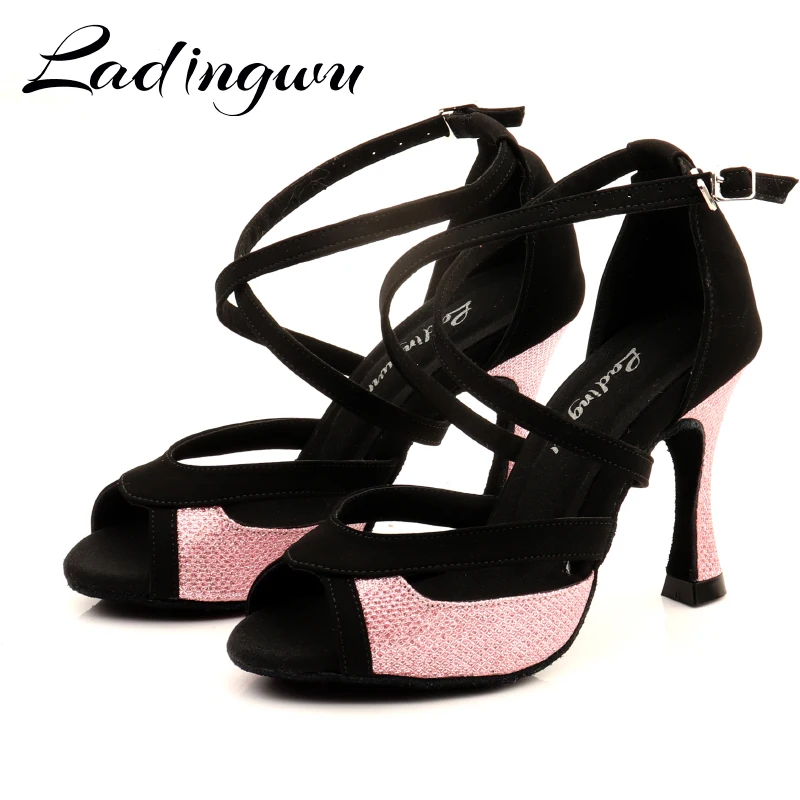 Ladingwu Latin Dance Shoes For Women Black Suede and Pink Glitter Salsa Dance Shoes Women\'s Ballroom Dance Sandals