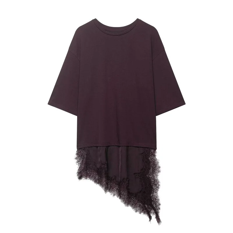 Women's Spring Summer Asymmetric Lace Trim Half Sleeve T-Shirt Back to School Casual Daily Wear Fashion Versatile Top 4 Colors
