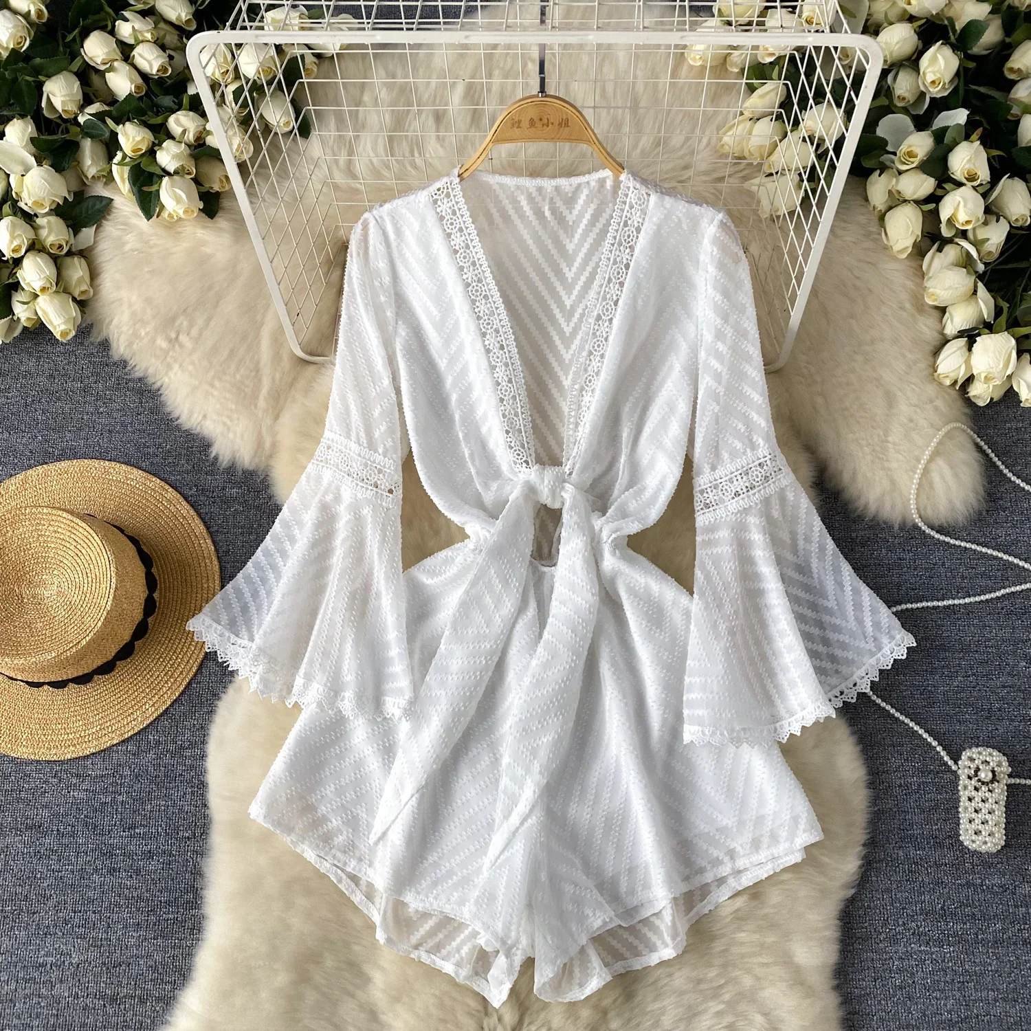 Chic sweet Short Sleeve mesh Jumpsuit Vintage V Neck High Waist Romper  Casual Spring Summer Women Playsuit