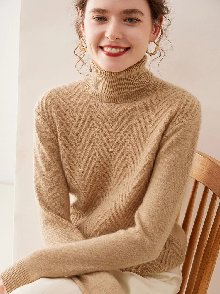 Turtleneck Long Sleeve Stripe Solid Color Wool Pullover Autumn Winter Cashmere Sweater For Women Higt-Quality Comfortable Tops