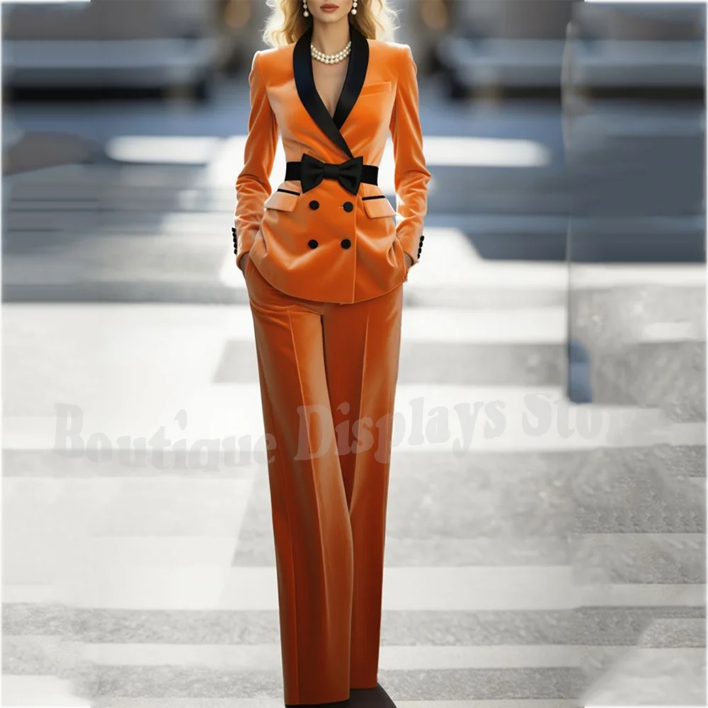 Luxury Velvet Women Suits With Bow Elegant Shawl Lapel Straight Fit Office Lady Daily Chic Clothes Two Pieces(Jacket+Pants)