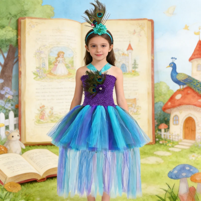 

High Low Peacock Feathers Dresses for Girls Pageant Fullfy Tutus with Long Trail for Kids Birthday Halloween Trailing Costumes