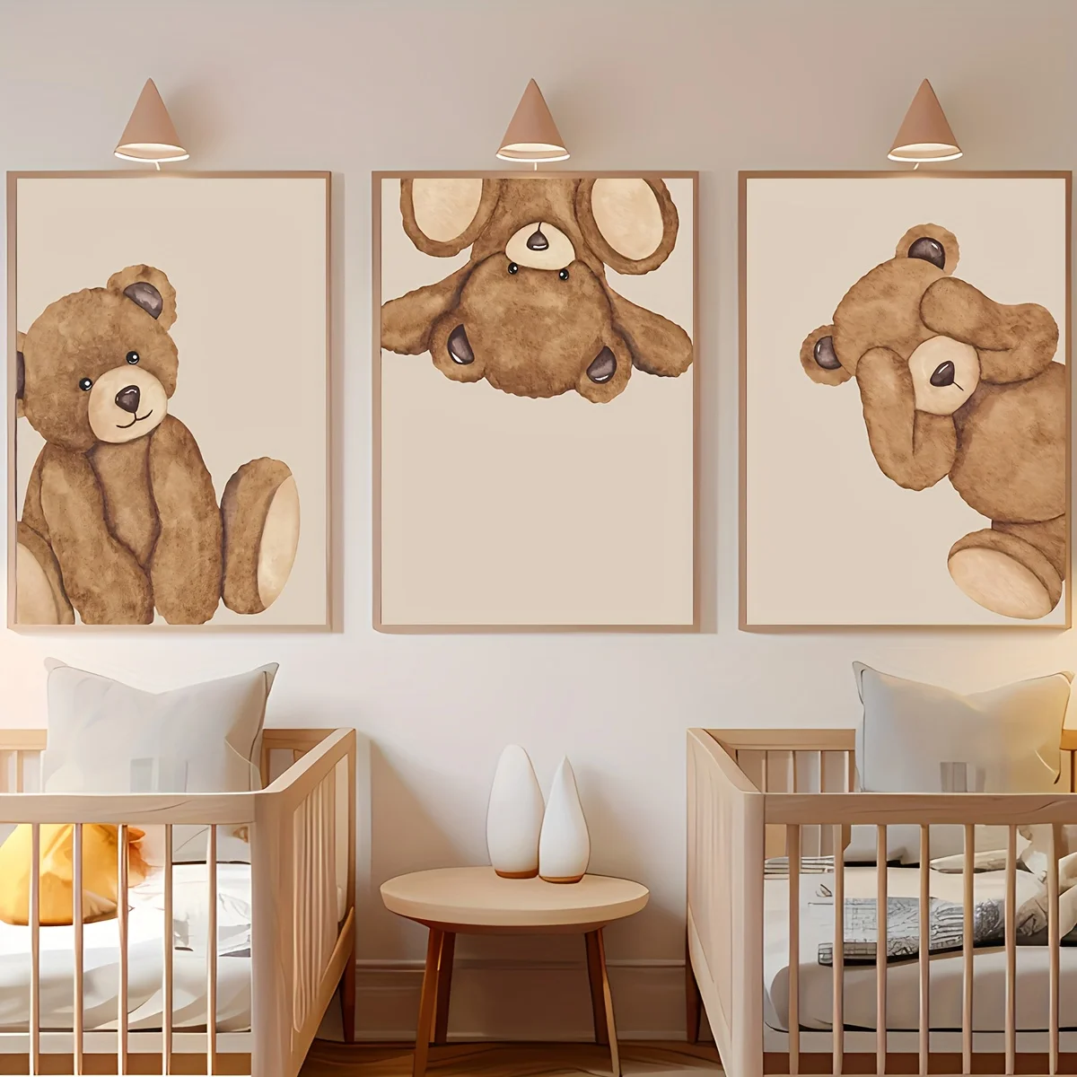 3pcs/set Cute Brown Bear Canvas Print Poster Cartoon Animal Abstract Art Prints Living Room Nursery Wall Art Home Decor Poster
