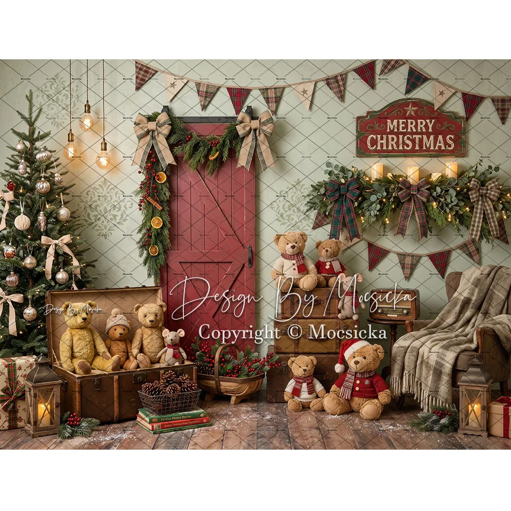 Mocsicka Toile de fond rustique de Noël avec porte de grange, guirlande, motif écossais, ours en peluche, fond en bois pour studio photo familial et d