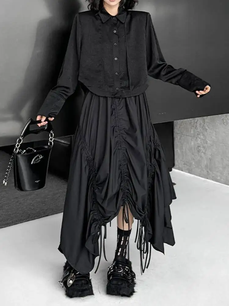 Mulheres preto texturizado tamanho grande elegante blusa curta nova lapela camisa de manga longa moda maré primavera outono