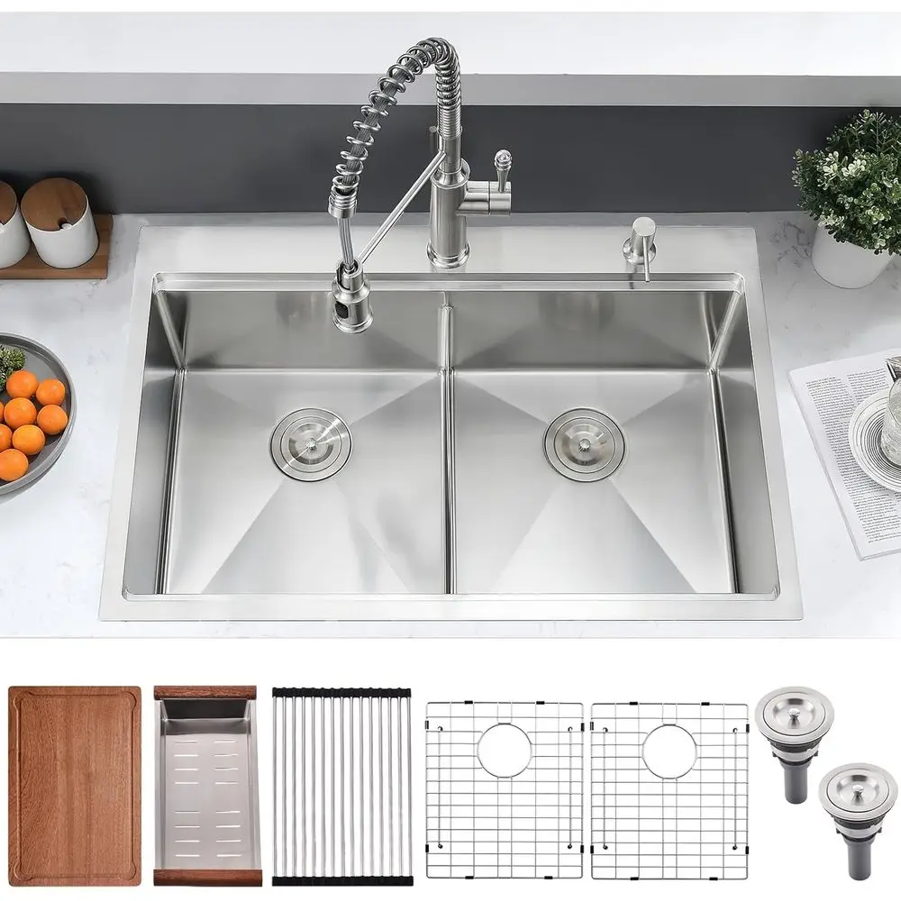 

Кухонная мойка с двумя чашами 33x22, встраиваемая, из нержавеющей стали 16 калибра, с двумя отсеками 50/50, для рабочей зоны кухни